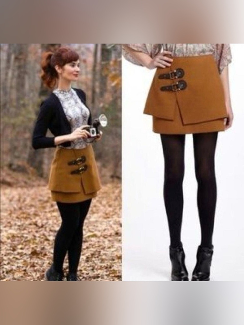 Anthropologie Meadow Rue Camel Buckle Felt Mini Skirt Brown Size 12